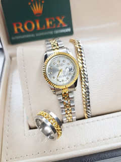 پک ساعت زنانه رولکس Rolex همراه دستبند و حلقه استیل ساده فول استیل ضد اب قسطی ساعت شیک هدیه تولد خاص دخترانه